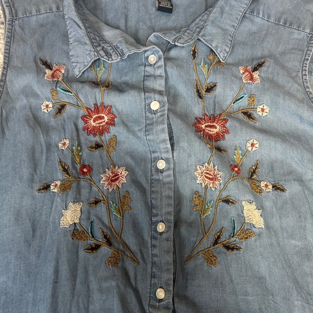 Terre Bleue Denim Blue Embroidered Sleeveless Button Front Dress XXL - Picture 2 of 8